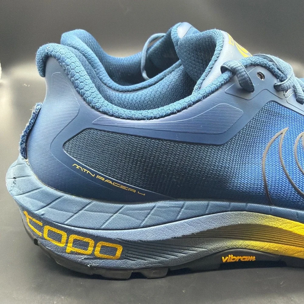 Topo Athletic MTN Racer 4 Mens Navy Orange Trail Running Shoes Vibram Size 13